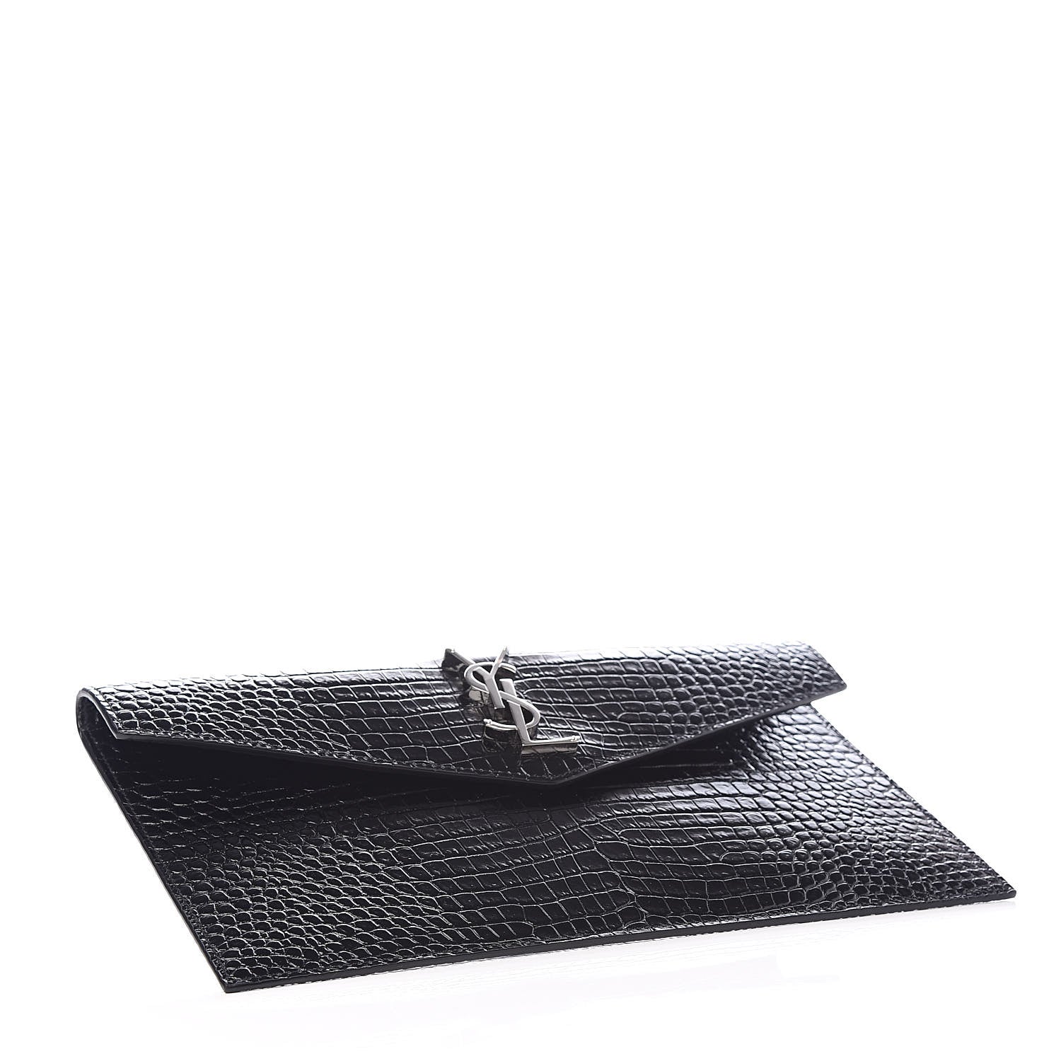Saint Laurent Calfskin Crocodile Embossed Uptown Monogram Clutch Black 4 of 9