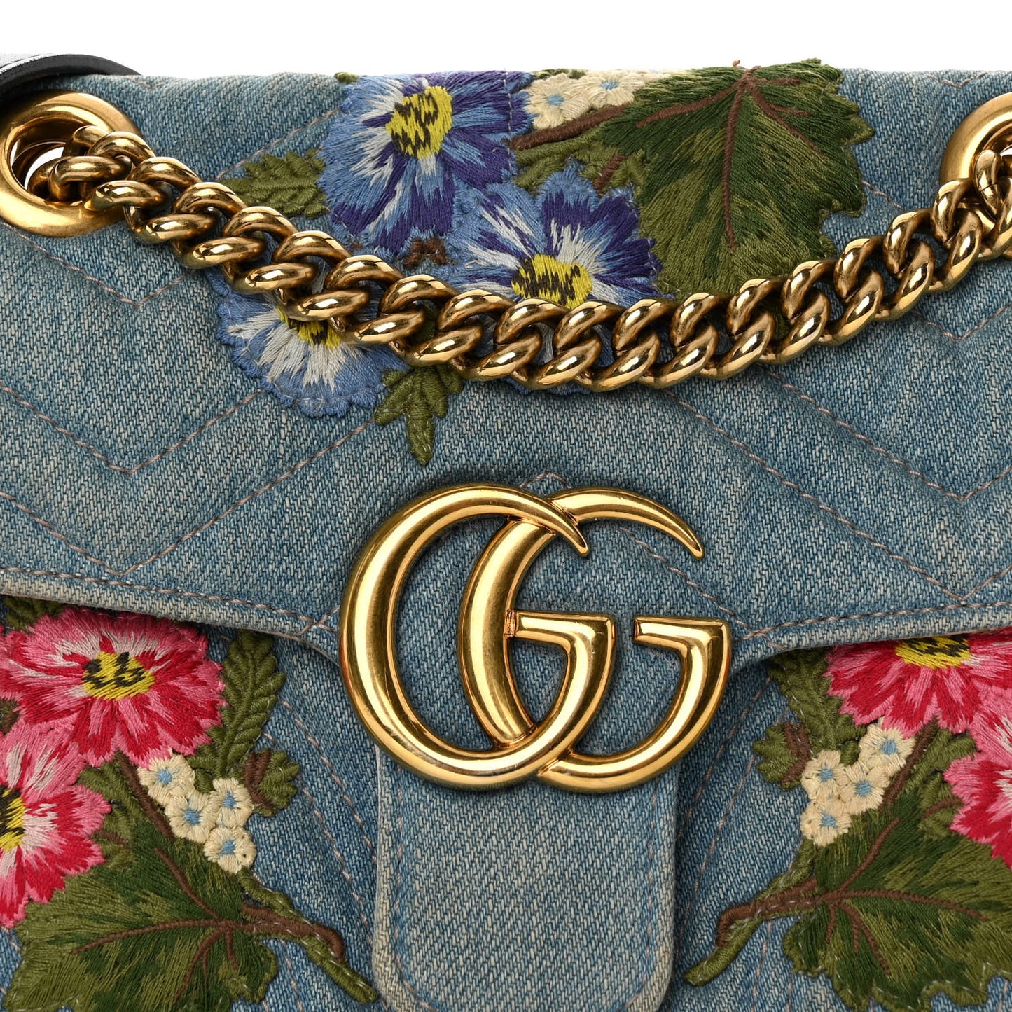 Denim Matelasse Floral Embroidered Mini GG Marmont Shoulder Bag Blue
