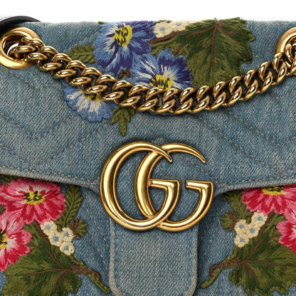 Gucci Denim Matelasse Floral Embroidered Mini GG Marmont Shoulder Bag Blue 8 of 12