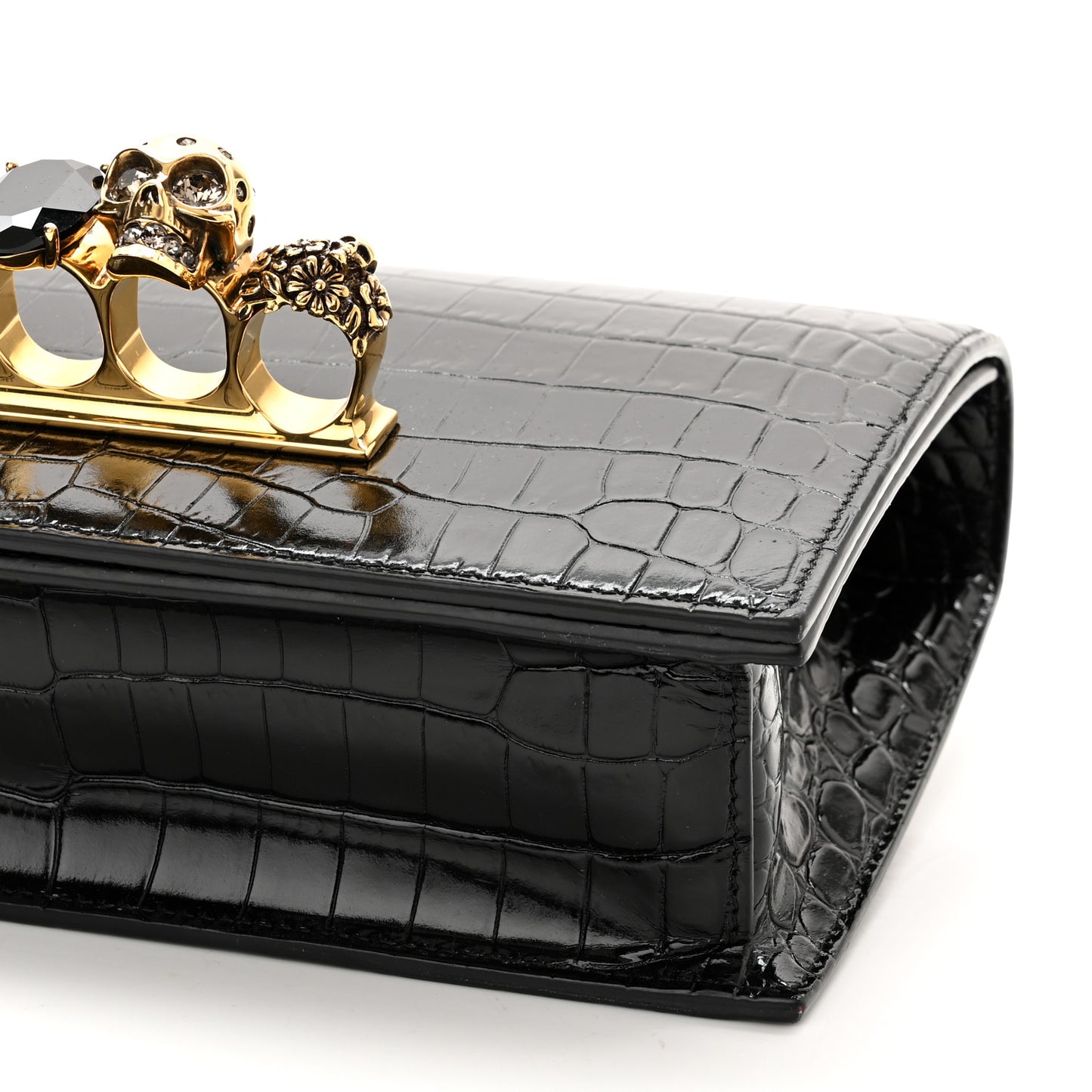 Shiny Crocodile Embossed Jeweled Satchel Black