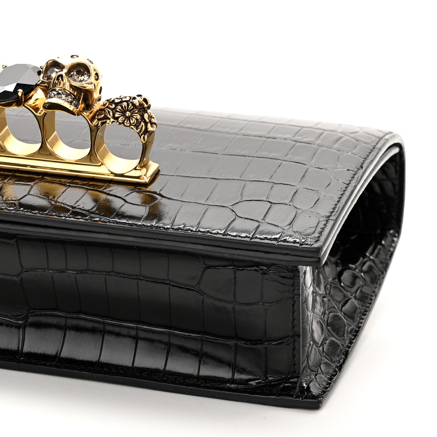 Alexander McQueen Shiny Crocodile Embossed Jeweled Satchel Black 10 of 11