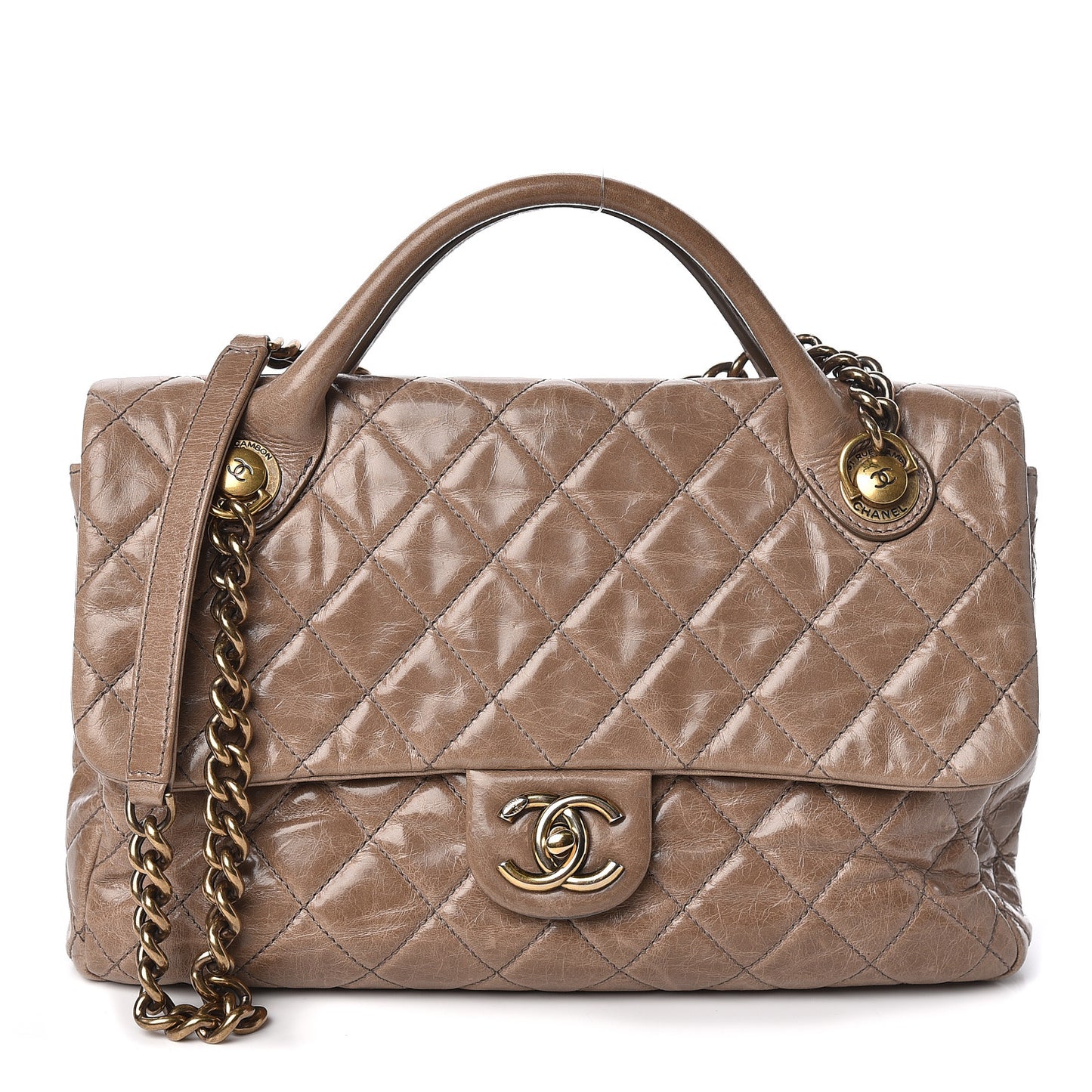 Glazed Calfskin Castle Rock Medium Flap Dark Beige