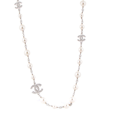 Chanel Crystal Pearl CC Long Necklace Silver 1 of 5