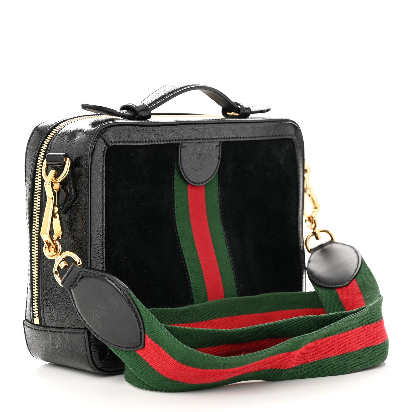 Suede Patent Web Small Ophidia Top Handle Shoulder Bag Black