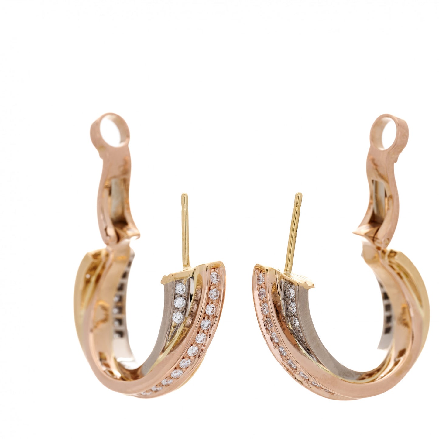 18K Yellow Pink White Gold Diamond Trinity Hoop French Clip Earrings