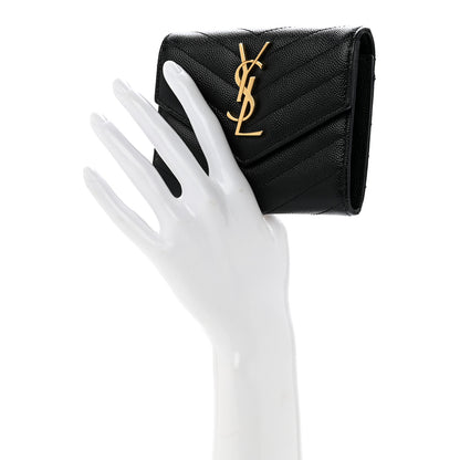 Saint Laurent Grain De Poudre Matelasse Chevron Monogram Compact Tri Fold Wallet Black 2 of 9