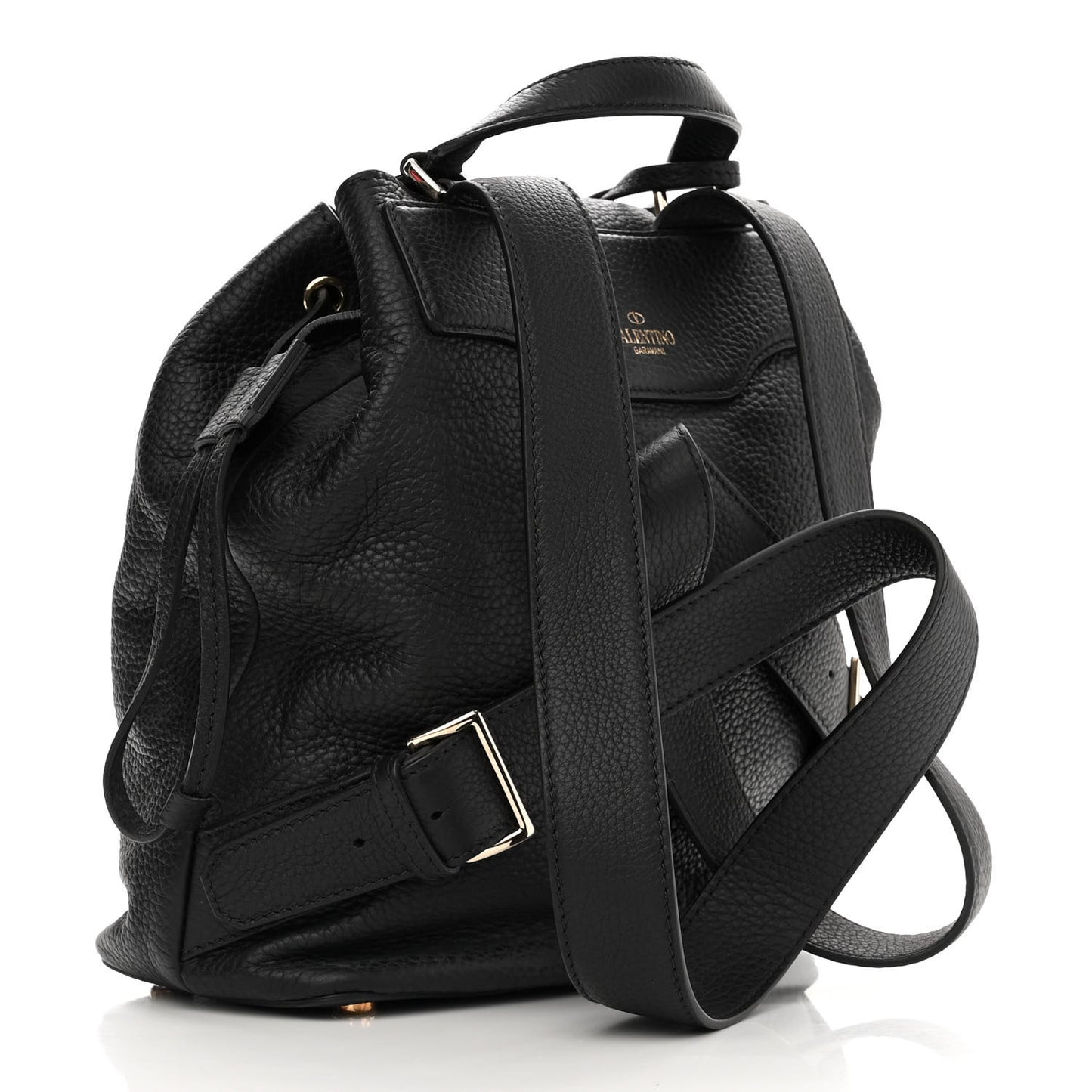 Pebbled Calfskin Rockstud Drawstring Backpack Black