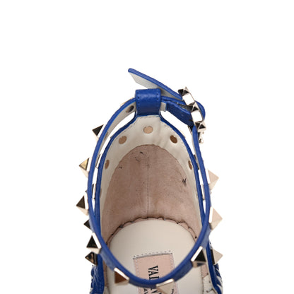 Valentino Garavani Grained Calfskin Rockstud Ankle Strap Espadrille 15/105mm Wedge Sandals 36 Blu Delft Natural 9 of 12