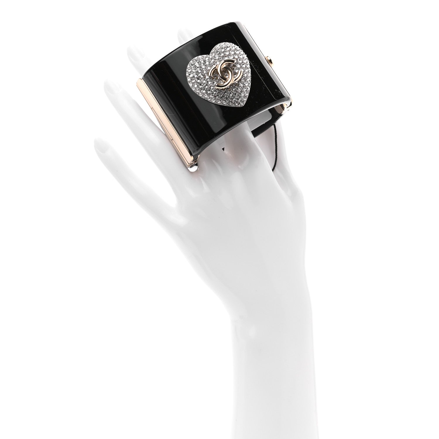 Chanel Resin Crystal Heart CC Cuff Bracelet Black 2 of 4