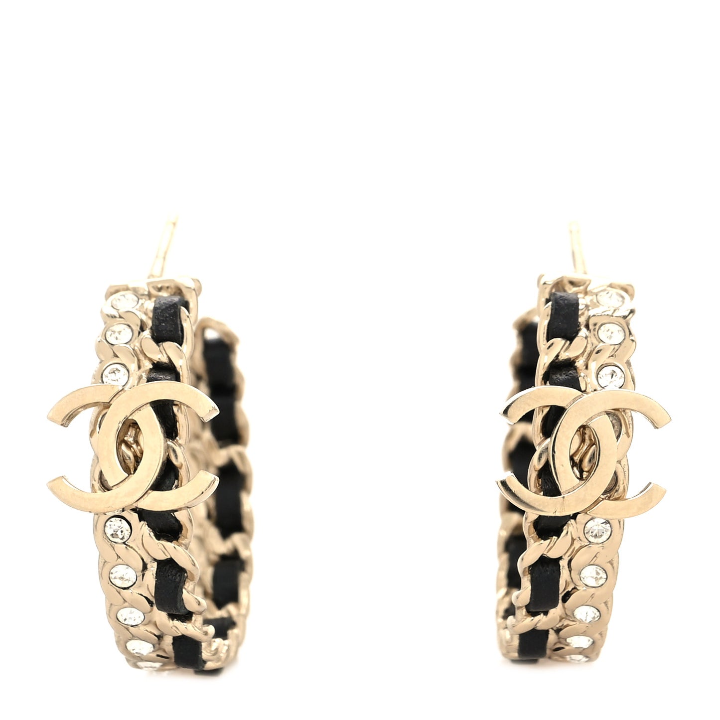 Crystal Lambskin CC Chain Hoop Earrings Gold Black