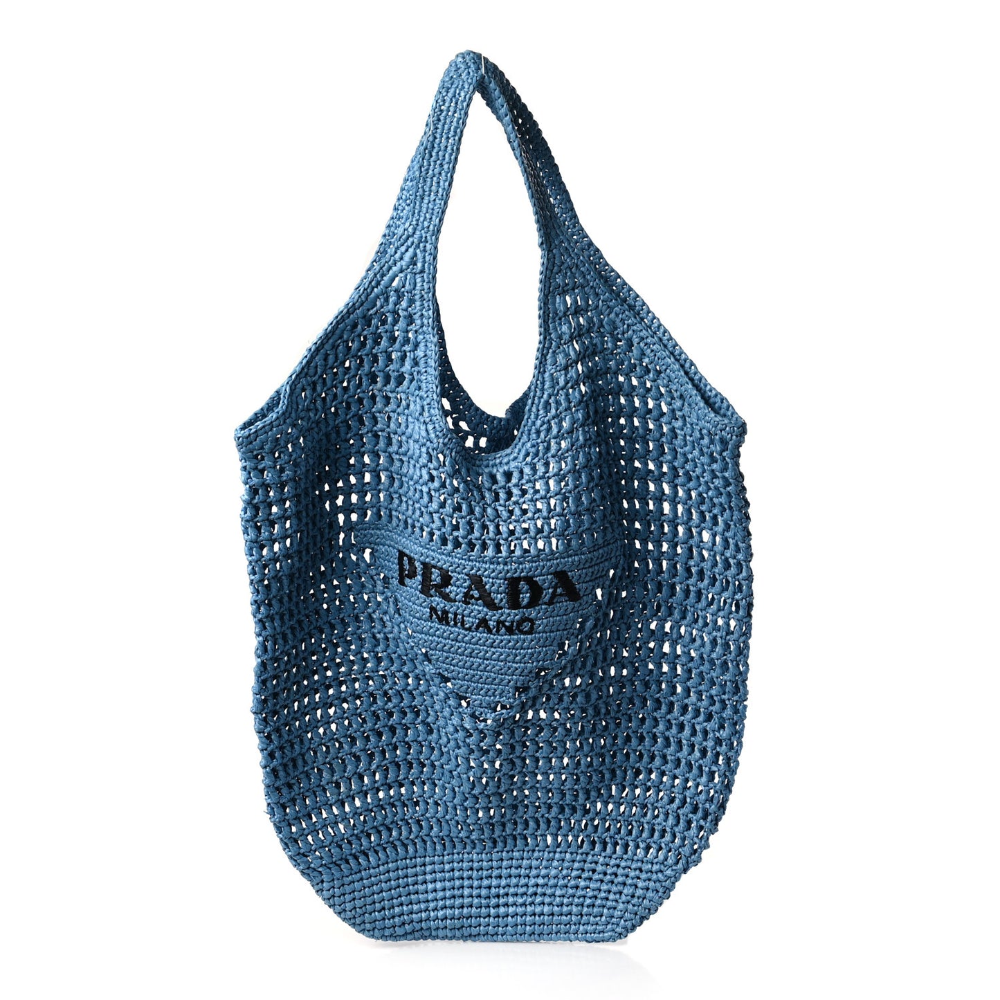 Yarn Raffia Effect Crochet Logo Embroidered Shopping Tote Bag Celeste