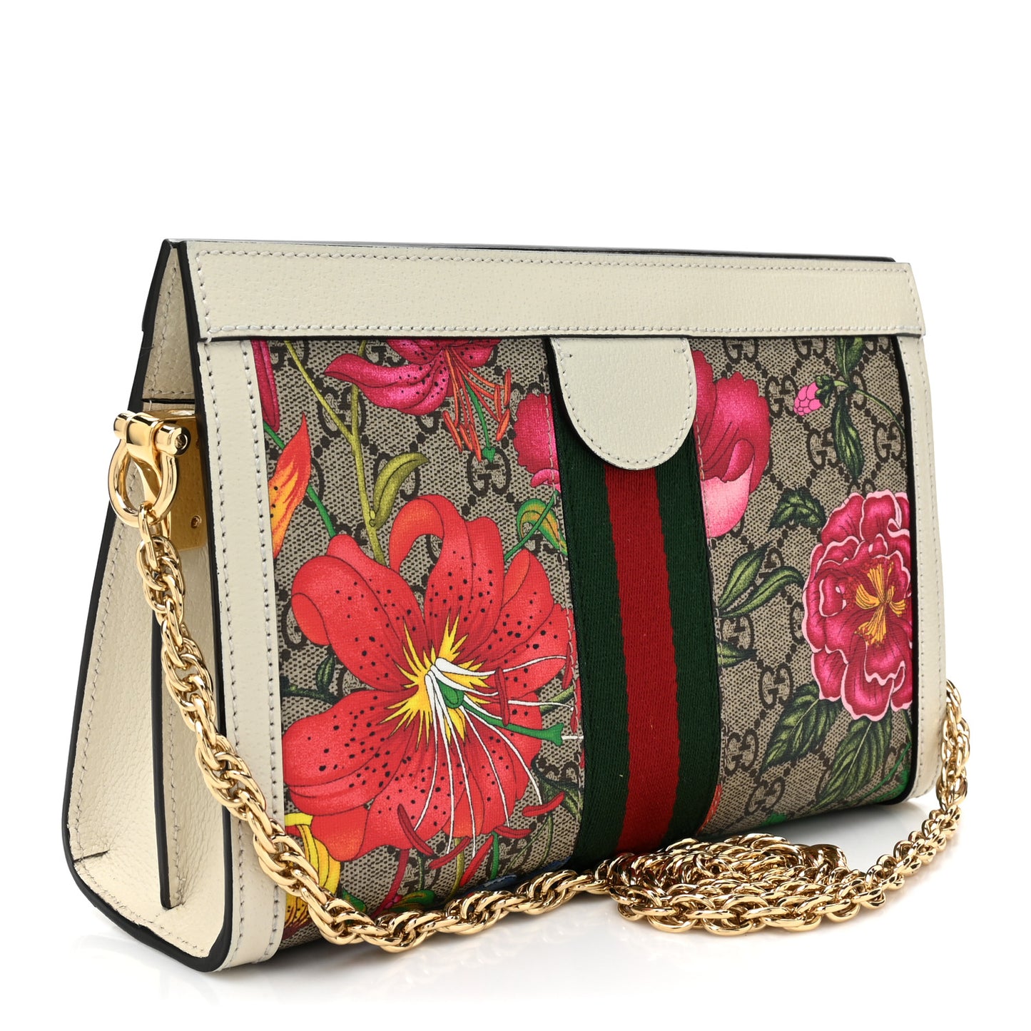 GG Supreme Monogram Flora Web Small Ophidia Chain Shoulder Bag White