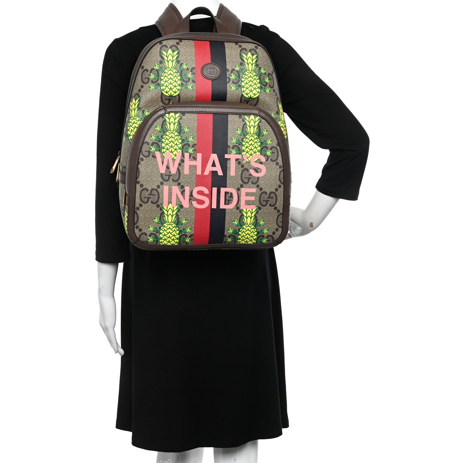 Gucci Jumbo GG Supreme Monogram Textured Dollar Calfskin Small Pineapple What's Inside Retro Interlocking G Backpack Beige Ebony Green Pink New Acero 2 of 10