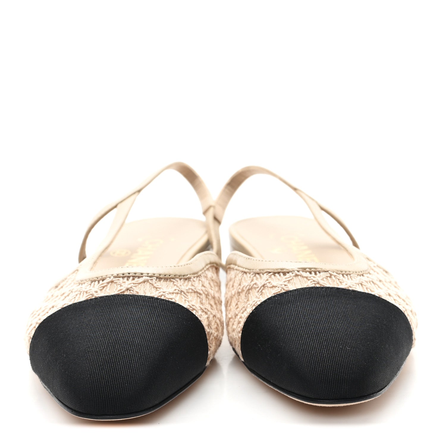 Chanel Embroidery Grosgrain Cap Toe CC Slingback Flats 37 Beige Black 3 of 9
