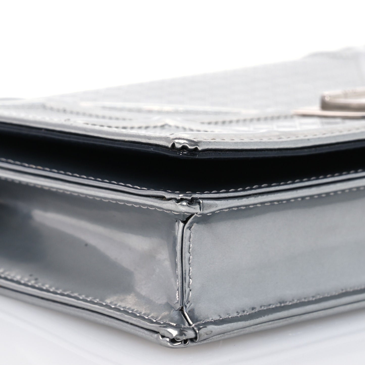 Metallic Patent Micro-Cannage Diorama Wallet on Chain Pouch Silver