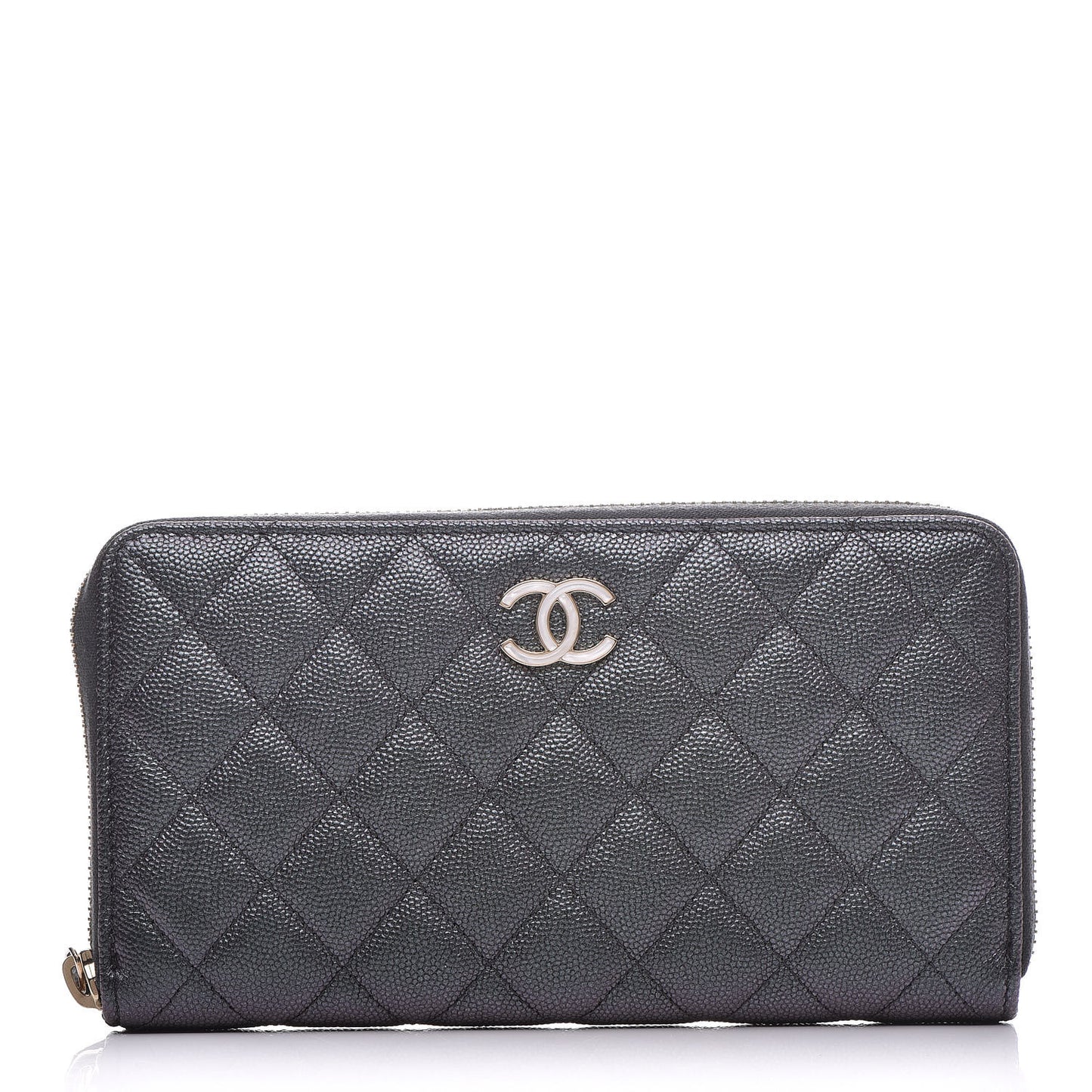 Iridescent Caviar Quilted Long Zip Around Wallet Black