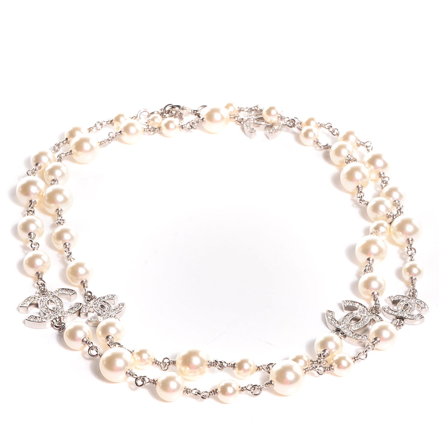 Crystal Pearl CC Long Necklace Silver