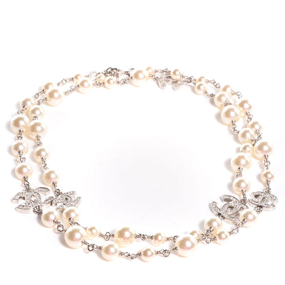 Chanel Crystal Pearl CC Long Necklace Silver 1 of 5