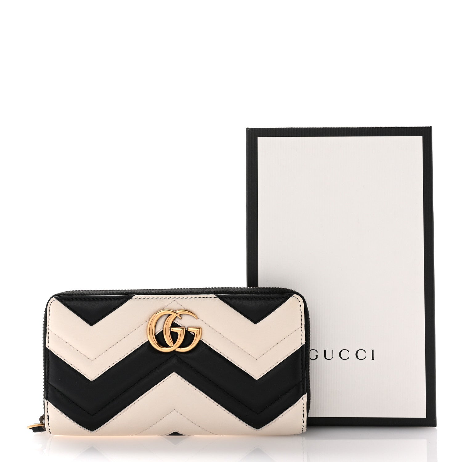 Gucci Calfskin Matelasse GG Marmont Zip Around Wallet Black White 8 of 8