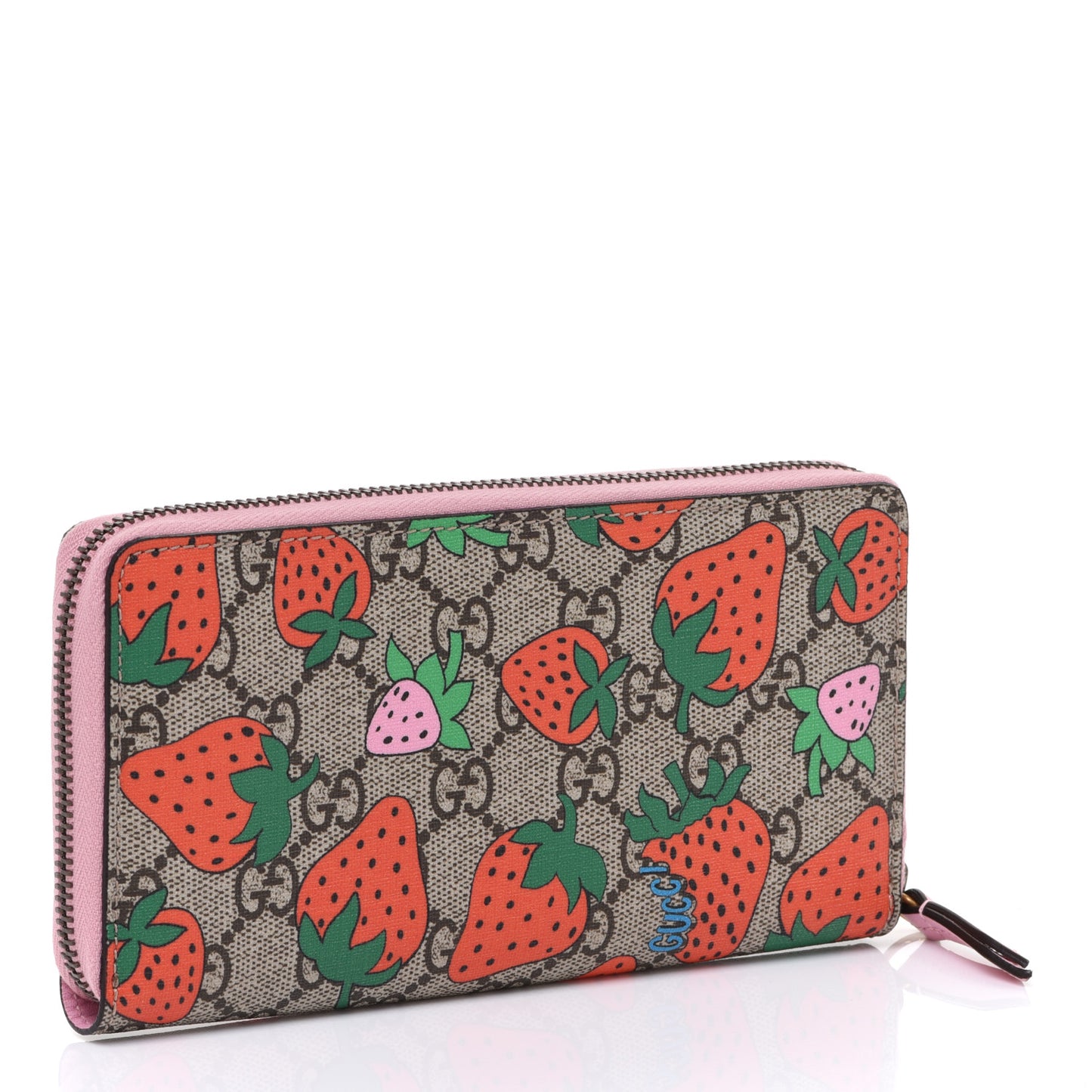 GG Supreme Monogram Strawberry Zip Around Wallet Light Pink