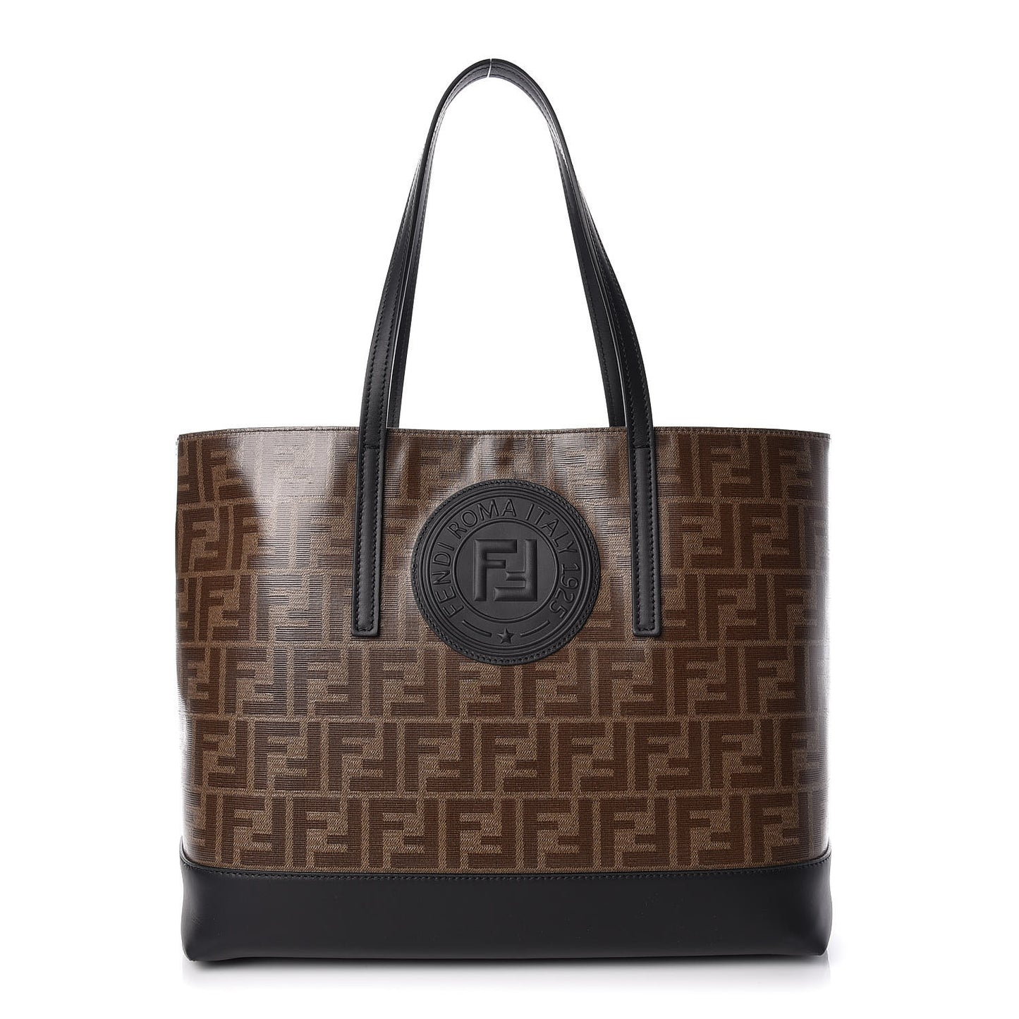 Glazed Fabric Vitello Century FF 1974 Stamp Patch Shopping Tote Mogano Panna Black