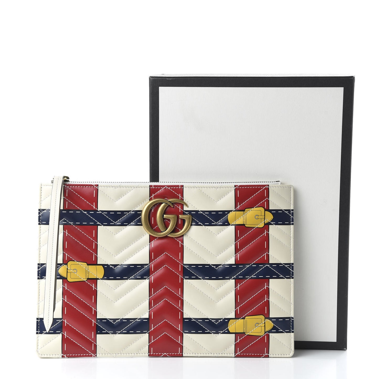 Calfskin Matelasse Trompe L'Oeil Print GG Marmont Zip Pouch White