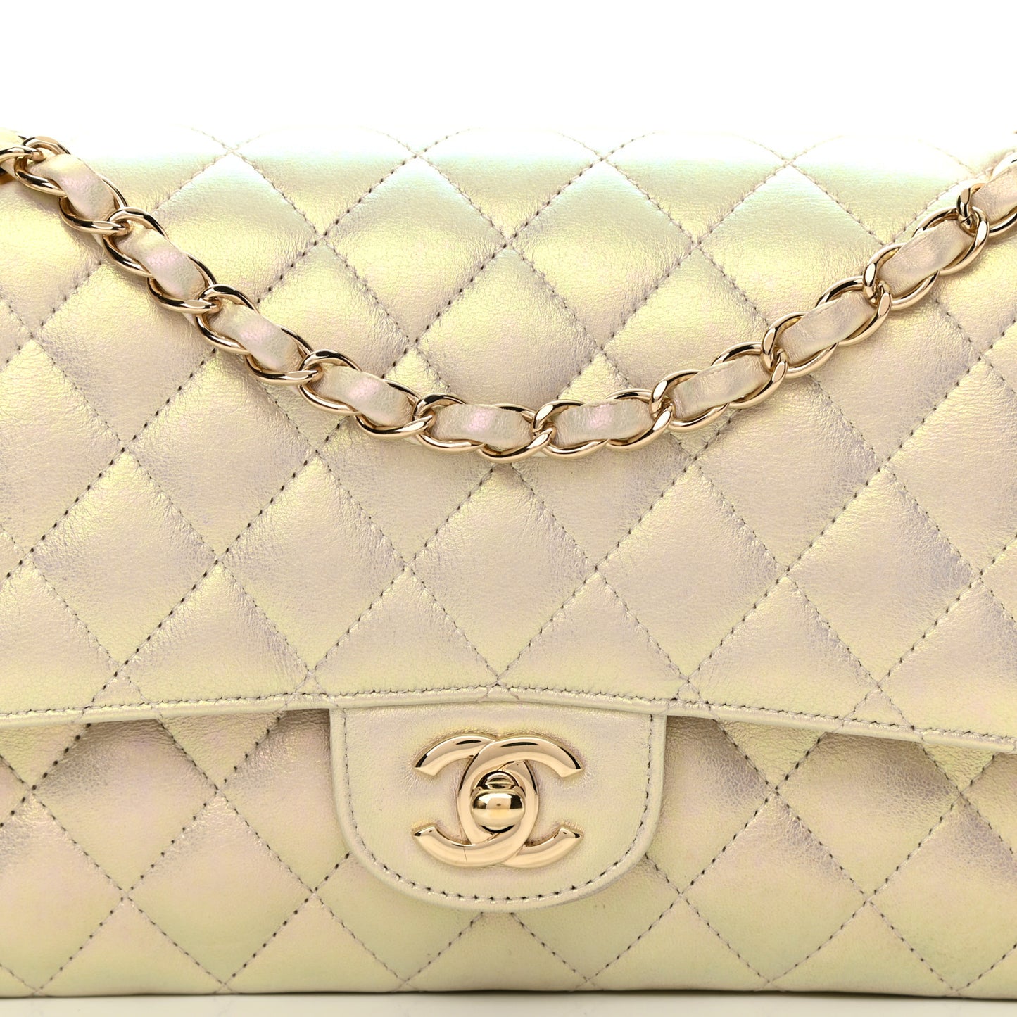 Iridescent Lambskin Quilted Medium Double Flap Ivory
