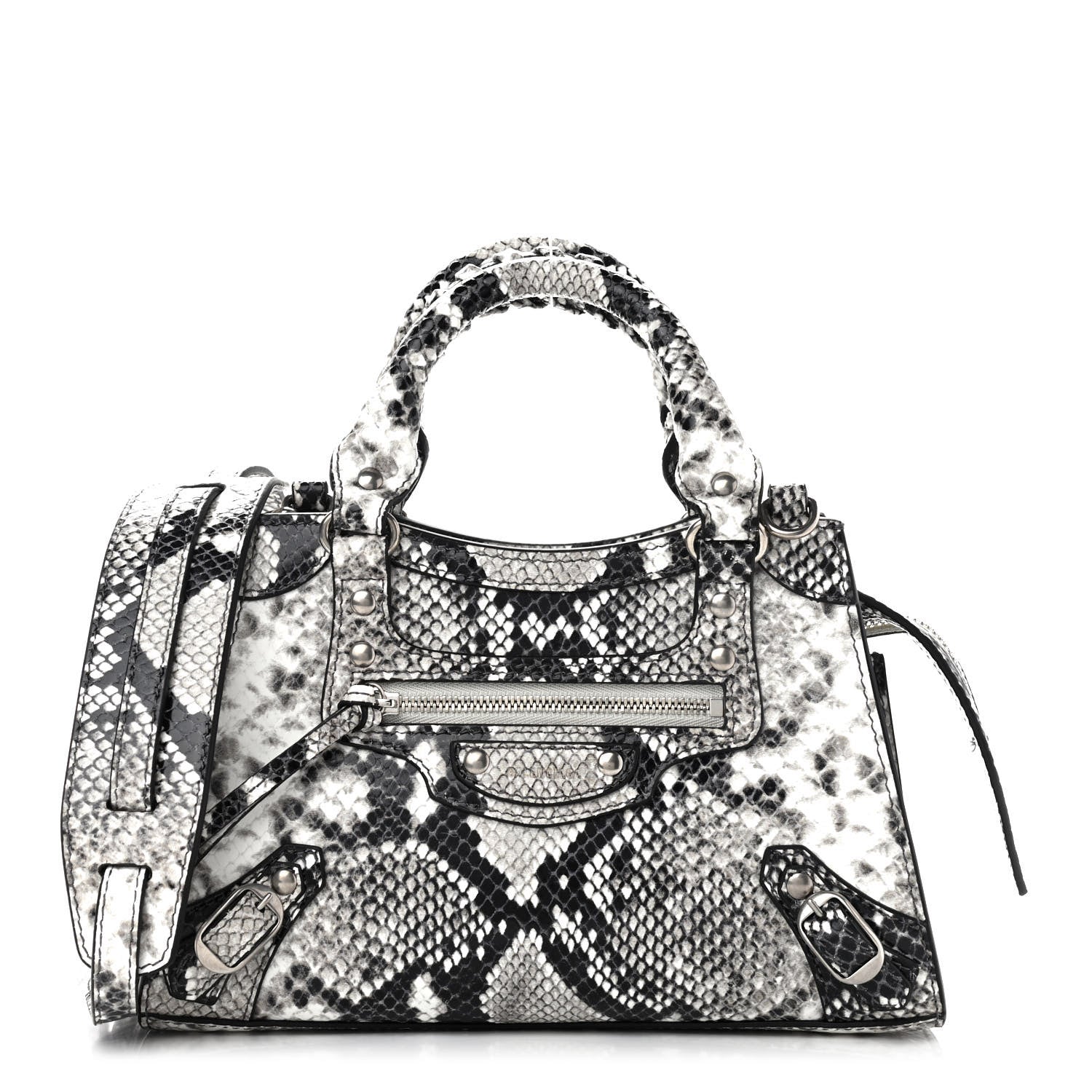 Balenciaga Grained Calfskin Snake Effect Neo Classic Silver Hardware Mini City Black White 1 of 9