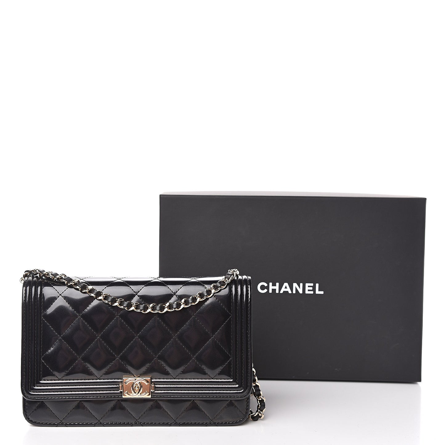 Glazed Calfskin Quilted Boy Wallet On Chain WOC Black