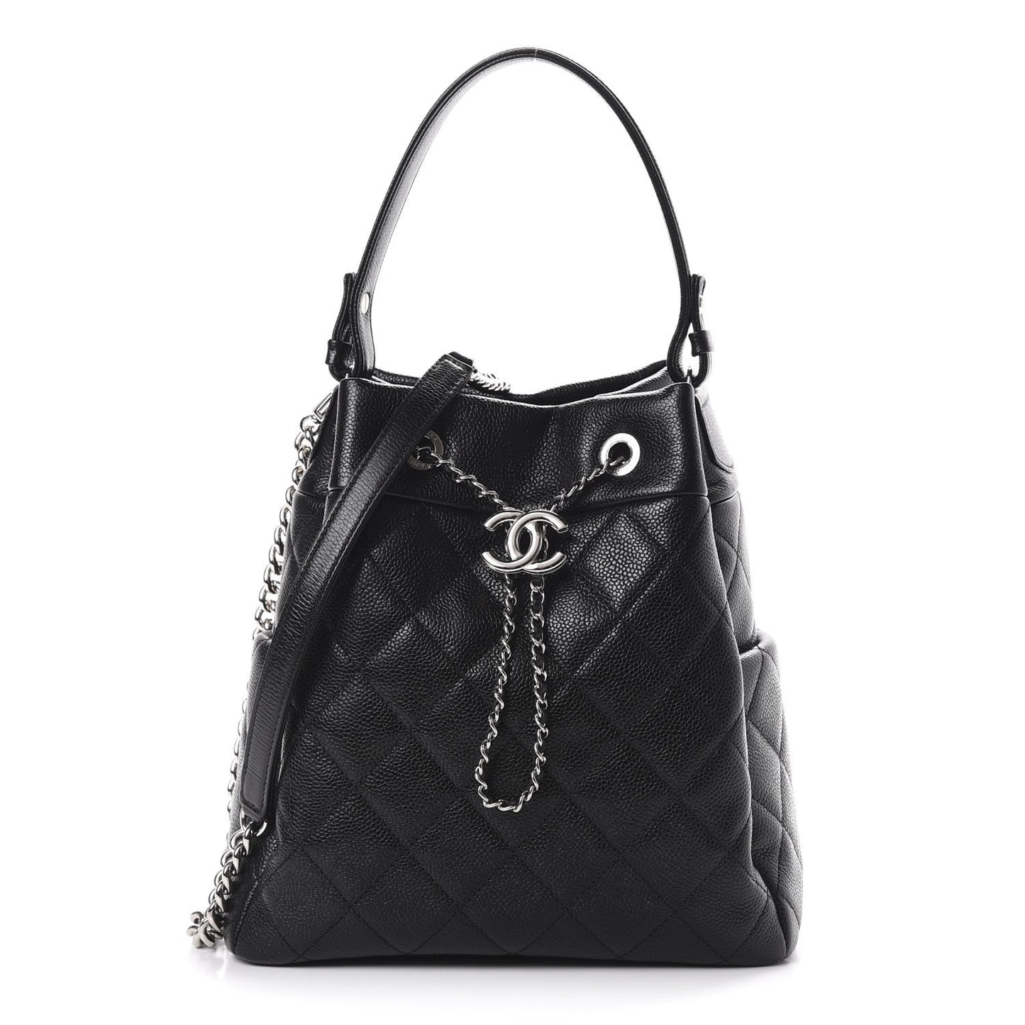 Grained Calfskin Quilted CC Chain Bucket Drawstring Bag Black