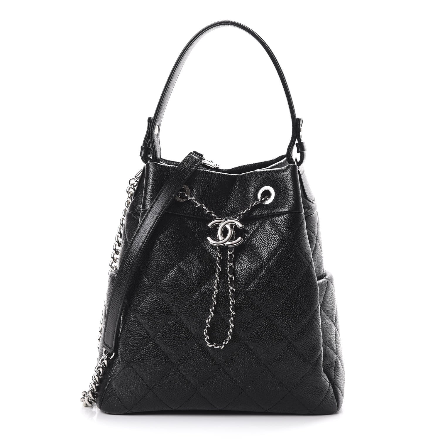 Chanel Grained Calfskin Quilted CC Chain Bucket Drawstring Bag Black 1 of 9
