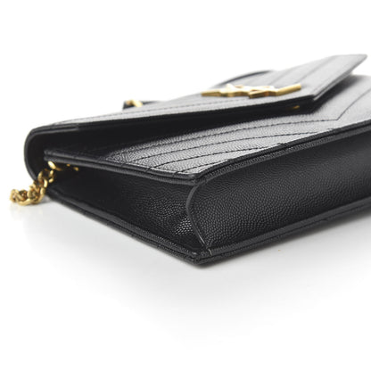 Saint Laurent Grain De Poudre Matelasse Chevron Monogram Envelope Chain Wallet Black 6 of 10