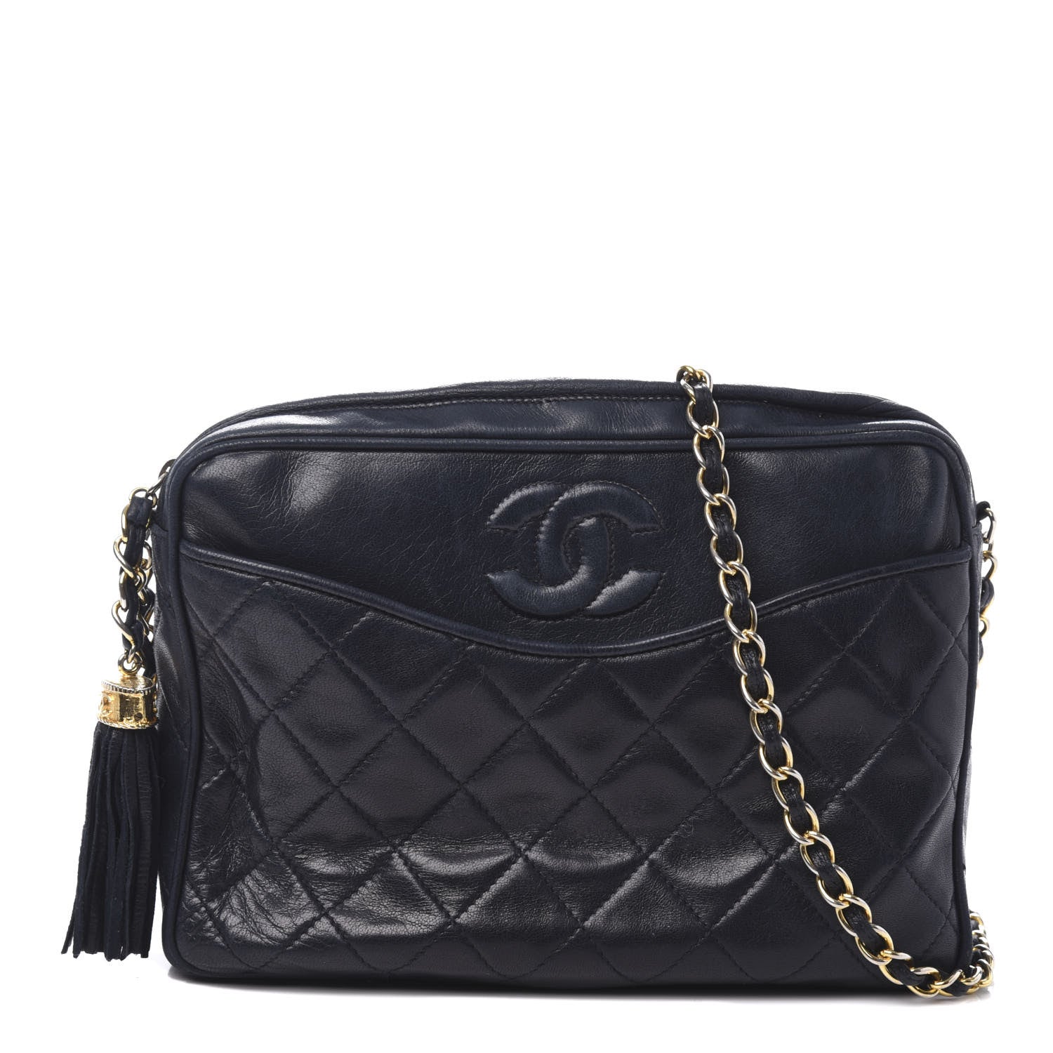Chanel Lambskin Quilted CC Tassel Camera Case Navy 1 of 12