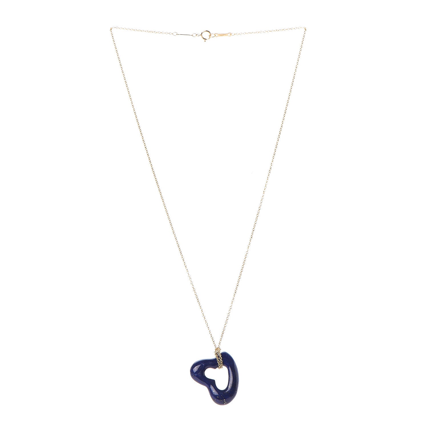 Tiffany 18K Yellow Gold Lapis Lazuli 23mm Elsa Peretti Open Heart Pendant Necklace 3 of 9