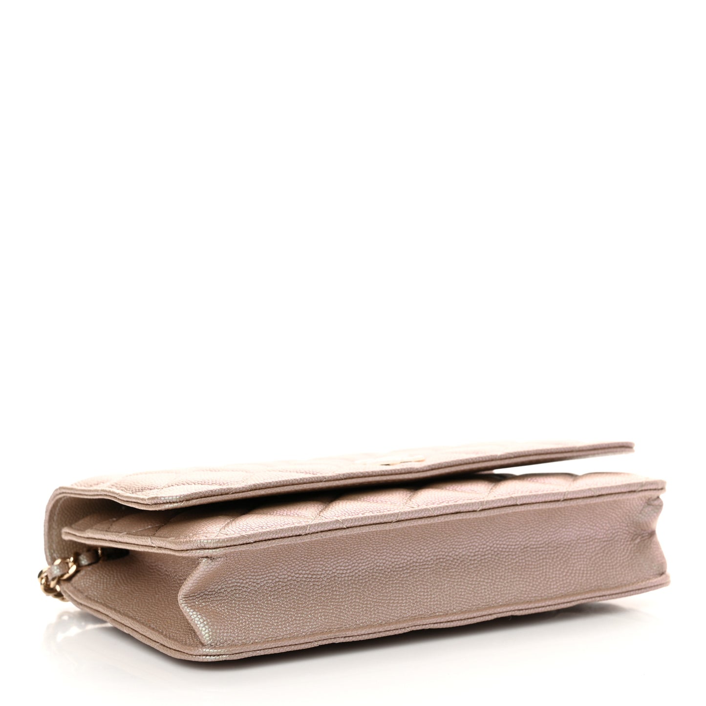 Iridescent Caviar Quilted Wallet on Chain WOC Beige
