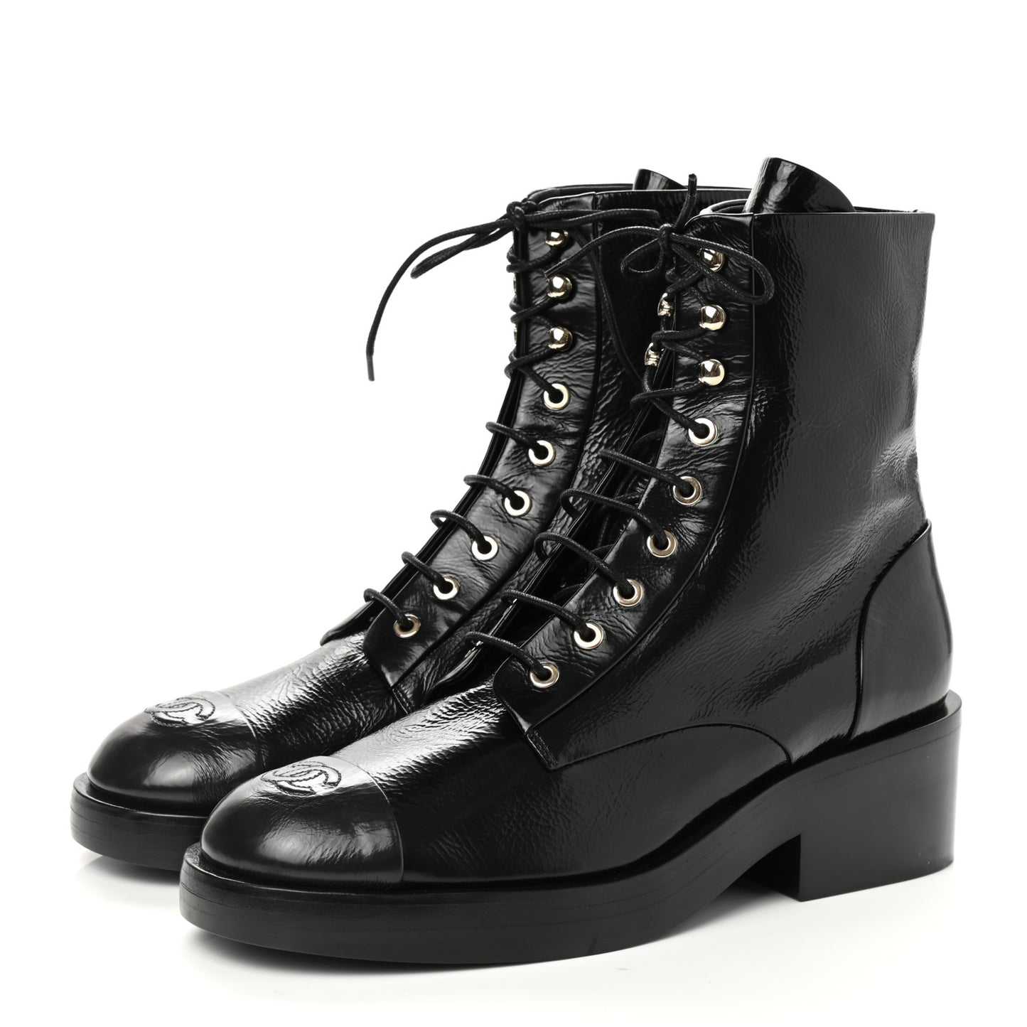 Shiny Goatskin Cap Toe Combat Boots 41 Black Dark Grey