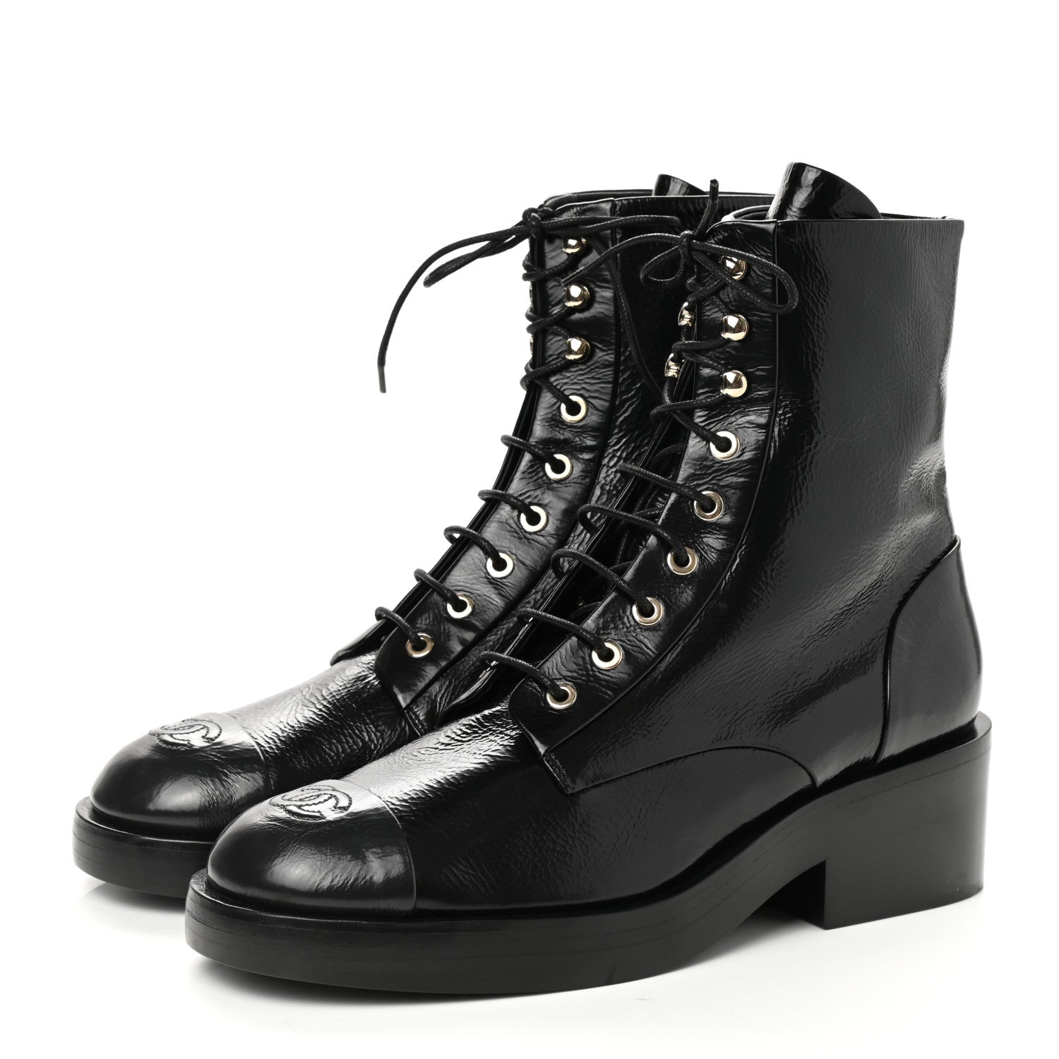 Chanel Shiny Goatskin Cap Toe Combat Boots 41 Black Dark Grey 3 of 10