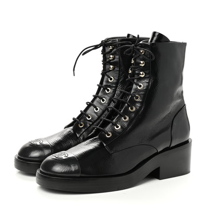Chanel Shiny Goatskin Cap Toe Combat Boots 41 Black Dark Grey 3 of 10