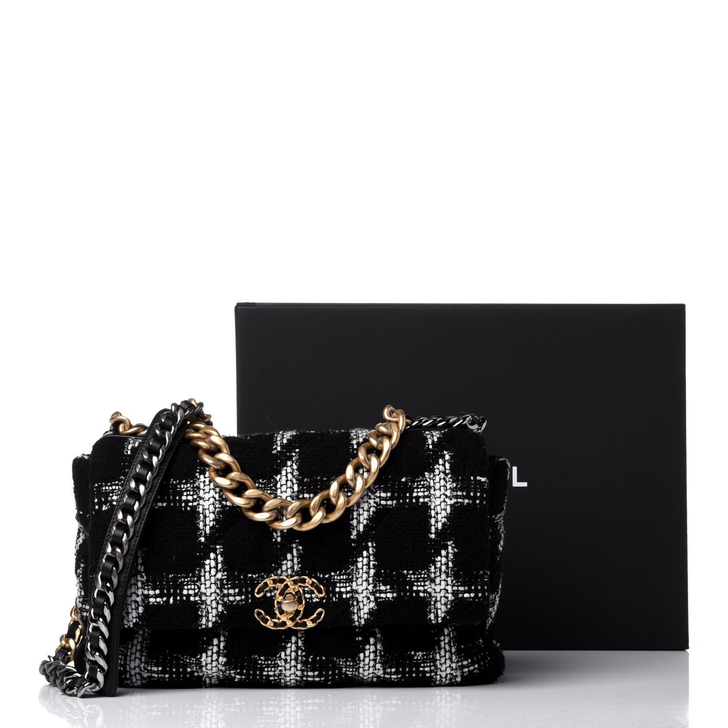 Chanel Tweed Quilted Large Chanel 19 Flap Black White 11 of 11