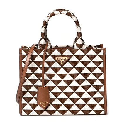Prada Jacquard Saffiano Triangolo Symbole Embroidered Small Tote Tobacco Talco 1 of 9