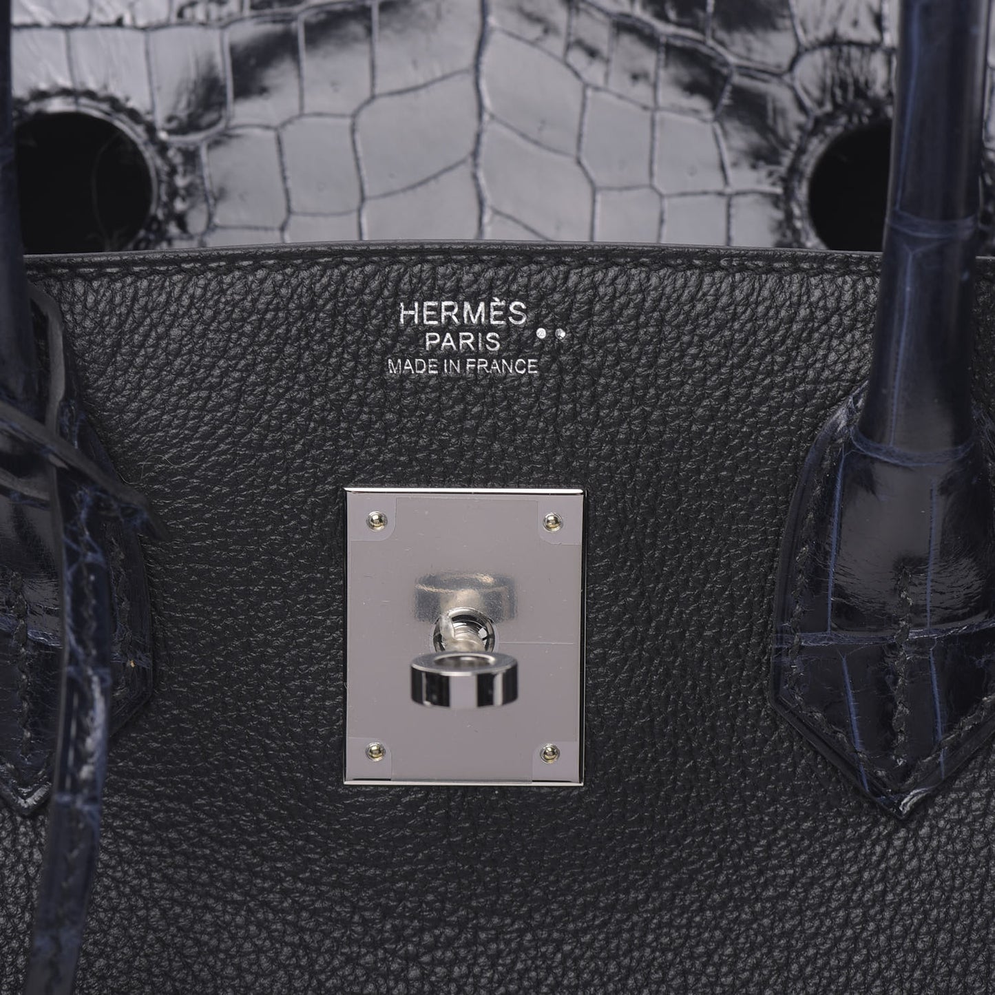 Taurillon Novillo Shiny Niloticus Crocodile Birkin Touch 30 Black Bleu Marine