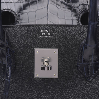 Hermes Taurillon Novillo Shiny Niloticus Crocodile Birkin Touch 30 Black Bleu Marine 18 of 38