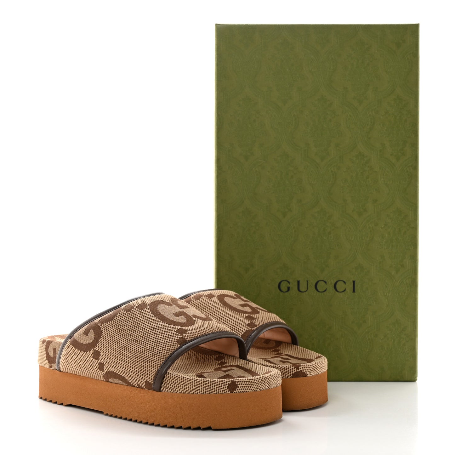 Monogram Jumbo GG Nappa Samoa Platform 40mm Slide Sandals 38 Camel Ebony New Acero