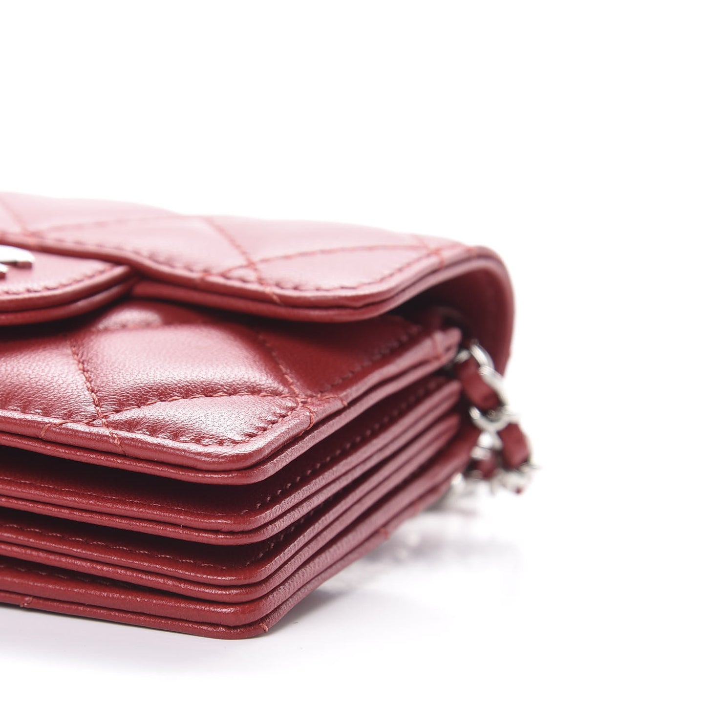 Lambskin Quilted Flap Card Holder On Chain Dark Red