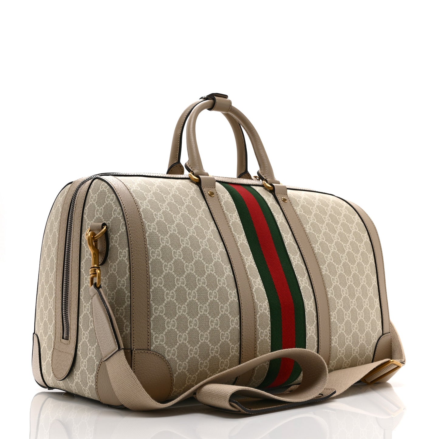GG Supreme Monogram Textured Dollar Calfskin Web Medium Savoy Duffle Bag Beige Mystic White Oatmeal