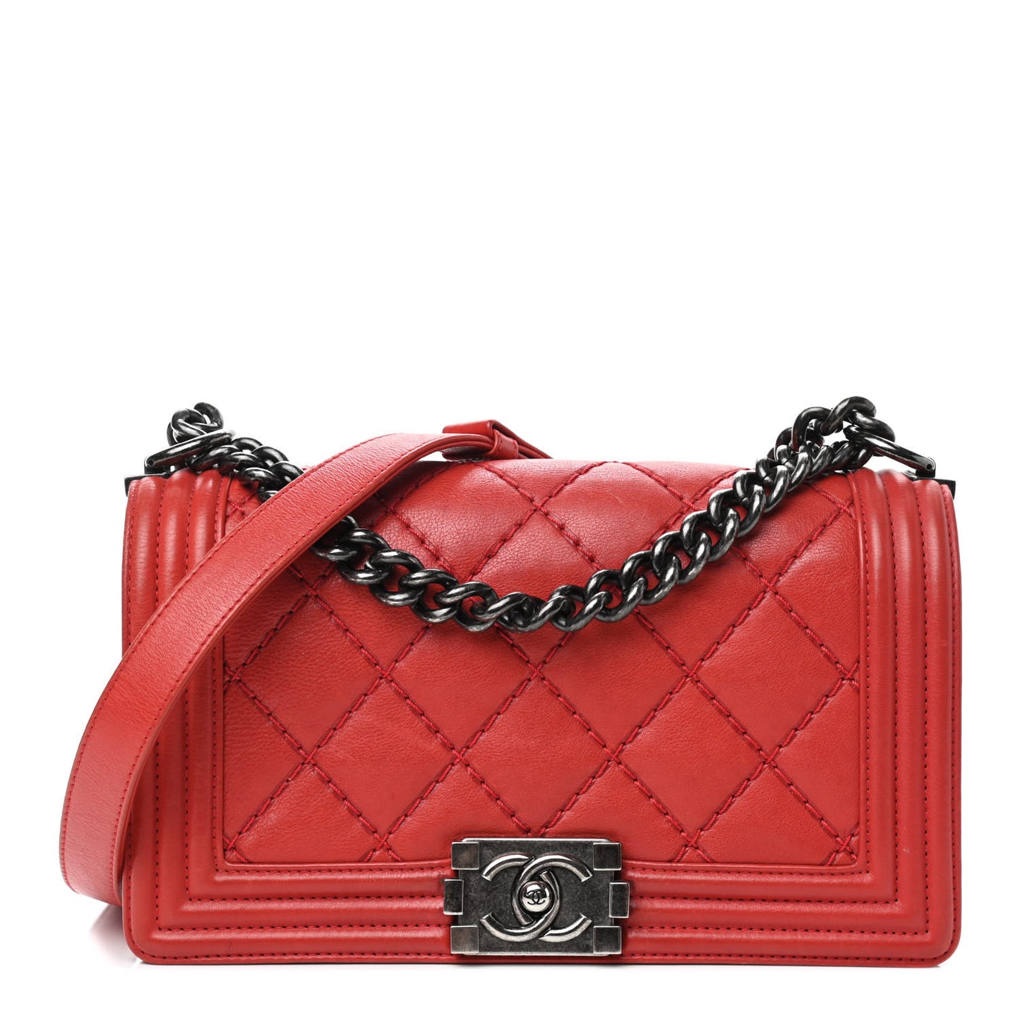 Calfskin Quilted Double Stitch Medium Boy Flap Red