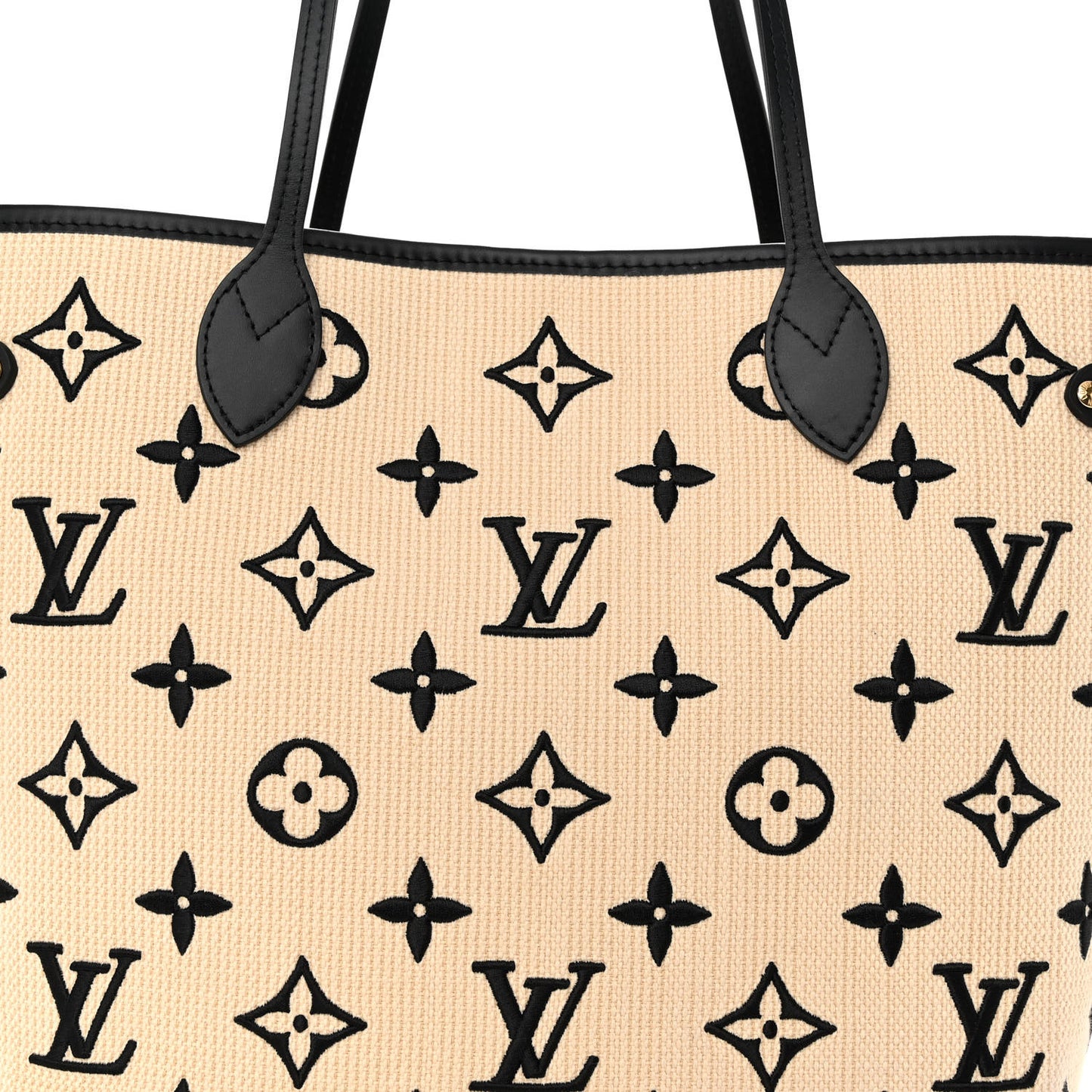 Cotton Monogram Embroidered Neverfull MM Beige Black