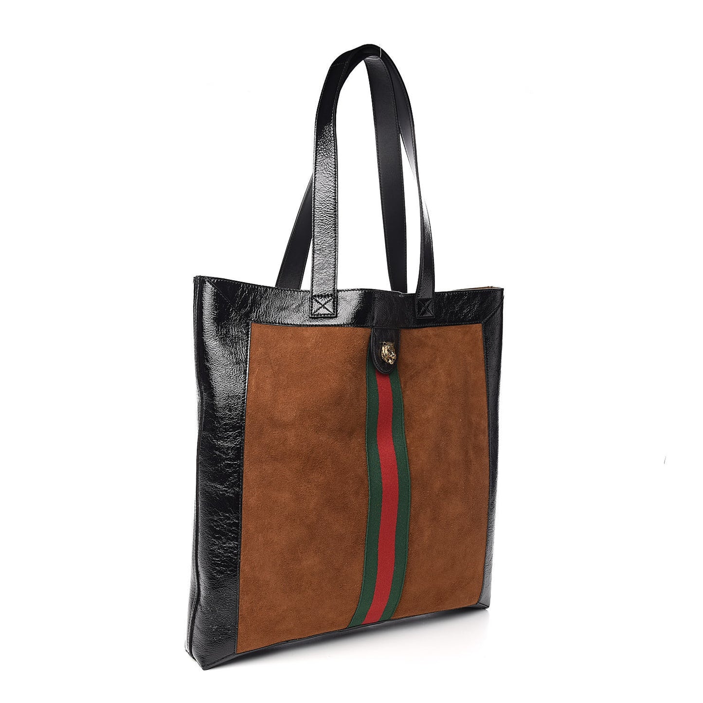Suede Patent Web Large Ophidia Vertical Shopping Tote Nocciola Black