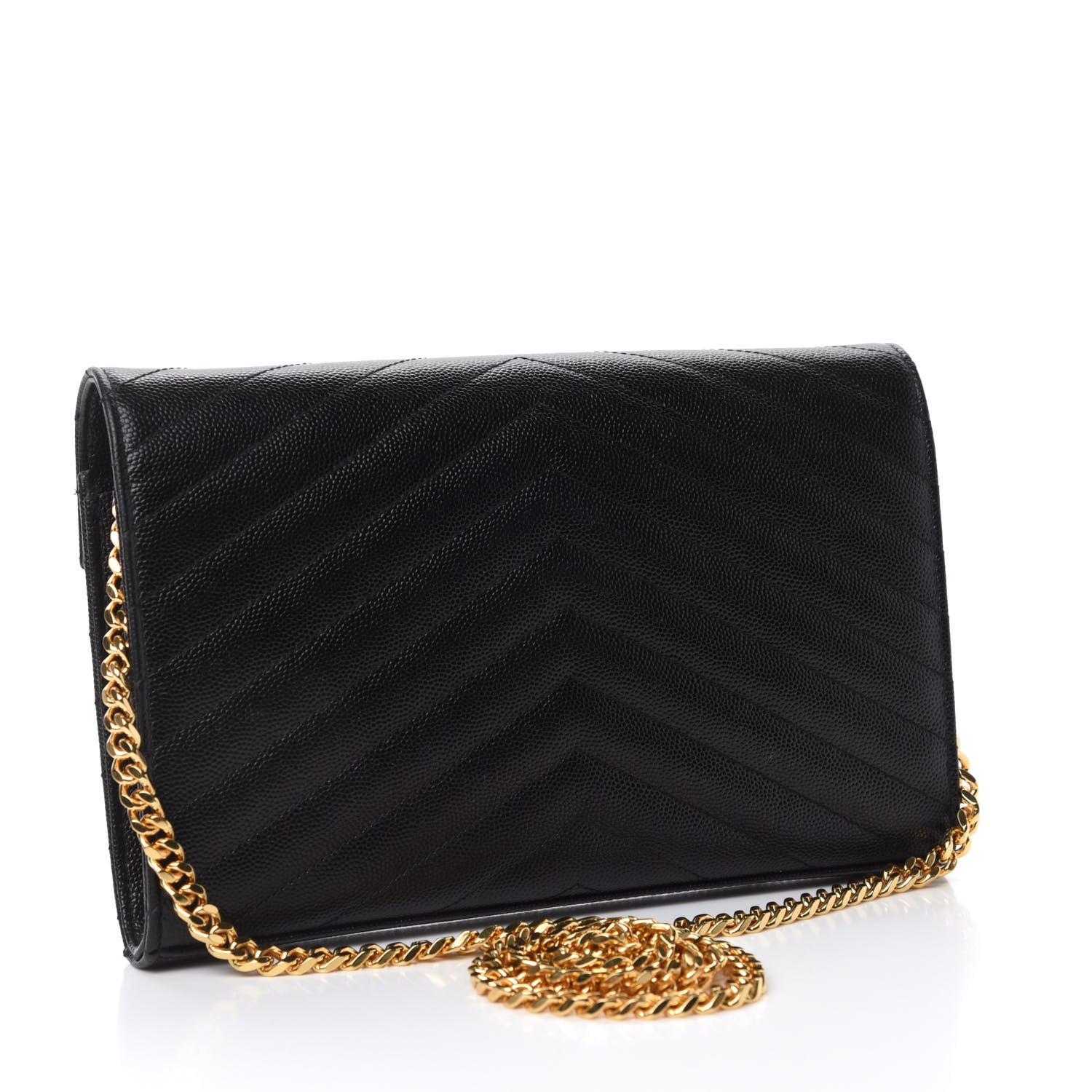 Saint Laurent Grain De Poudre Matelasse Chevron Monogram Chain Wallet Black 3 of 10