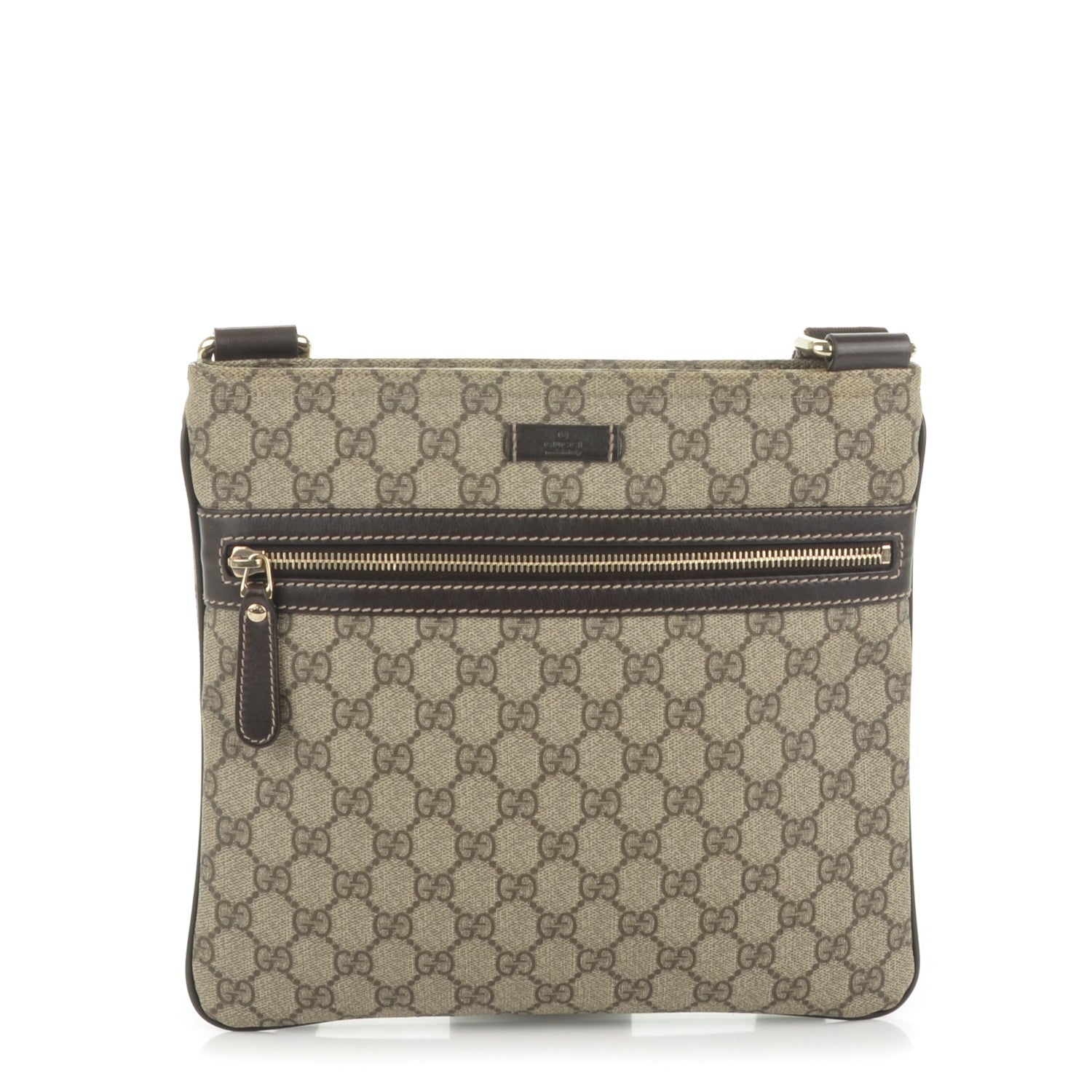 Gucci GG Supreme Monogram Selleria Calfskin Small Flat Side Zip Messenger Bag Beige Ebony Cocoa Dark Chocolate 1 of 7